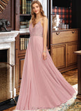 Stella A-line V-Neck Floor-Length Chiffon Lace Bridesmaid Dress UKP0016663