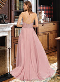 Stella A-line V-Neck Floor-Length Chiffon Lace Bridesmaid Dress UKP0016663