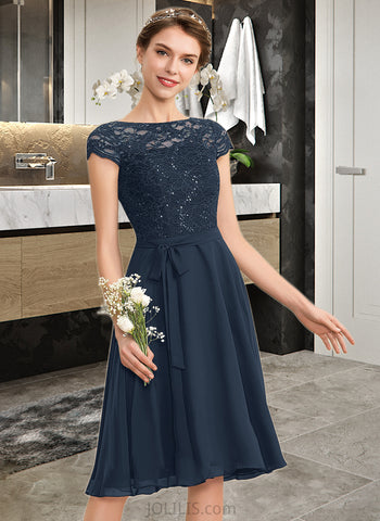 Ashanti A-Line Scoop Neck Knee-Length Chiffon Lace Bridesmaid Dress With Bow(s) UKP0016664