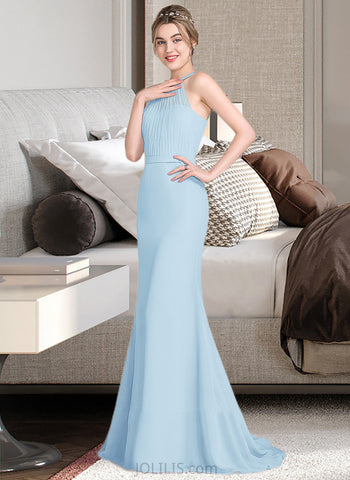 Louisa Trumpet/Mermaid Scoop Neck Sweep Train Chiffon Tulle Charmeuse Bridesmaid Dress With Ruffle UKP0016665