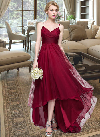 Alice A-line V-Neck Asymmetrical Tulle Bridesmaid Dress With Ruffle UKP0016666