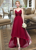 Alice A-line V-Neck Asymmetrical Tulle Bridesmaid Dress With Ruffle UKP0016666