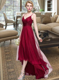 Alice A-line V-Neck Asymmetrical Tulle Bridesmaid Dress With Ruffle UKP0016666