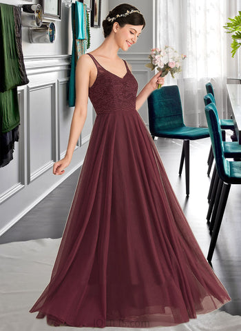 Alexandra A-Line V-neck Floor-Length Tulle Lace Bridesmaid Dress UKP0016670