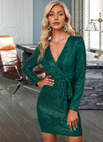 Finley Sash Sequins V-Neck Long Sleeves Elegant Bodycon Sequined Mini Dresses UKP0016681