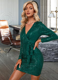 Finley Sash Sequins V-Neck Long Sleeves Elegant Bodycon Sequined Mini Dresses UKP0016681