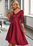 Cherish Sequins V-Neck 3/4 Sleeves Elegant A-line Satin Midi Dresses UKP0016685