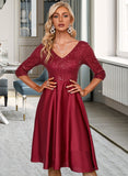 Cherish Sequins V-Neck 3/4 Sleeves Elegant A-line Satin Midi Dresses UKP0016685