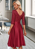 Cherish Sequins V-Neck 3/4 Sleeves Elegant A-line Satin Midi Dresses UKP0016685