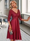 Cherish Sequins V-Neck 3/4 Sleeves Elegant A-line Satin Midi Dresses UKP0016685