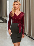 Ivy Sash Sequins V-Neck Long Sleeves Elegant Bodycon Sequined Mini Dresses UKP0016686