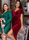 Paula Bodycon V-Neck Tea-Length Velvet Cocktail Dress UKP0016722