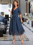 Marian A-line V-Neck Tea-Length Chiffon Lace Cocktail Dress With Sequins UKP0016733