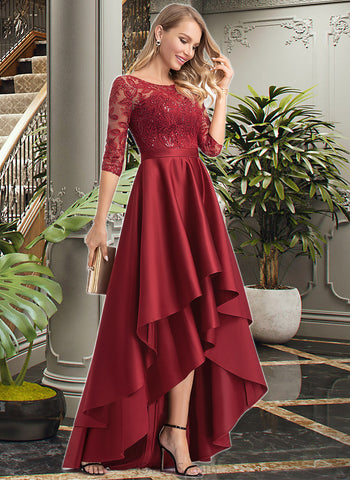 Lana Sequins Round Neck 1/2 Sleeves A-line Satin Satin Lace Asymmetrical Dresses UKP0016736