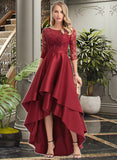 Lana Sequins Round Neck 1/2 Sleeves A-line Satin Satin Lace Asymmetrical Dresses UKP0016736