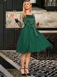 Leyla Sash Square Neck Long Sleeves Elegant A-line Satin Midi Dresses UKP0016737