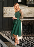 Leyla Sash Square Neck Long Sleeves Elegant A-line Satin Midi Dresses UKP0016737