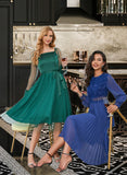 Leyla Sash Square Neck Long Sleeves Elegant A-line Satin Midi Dresses UKP0016737