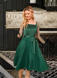 Leyla Sash Square Neck Long Sleeves Elegant A-line Satin Midi Dresses UKP0016737