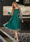 Leyla Sash Square Neck Long Sleeves Elegant A-line Satin Midi Dresses UKP0016737