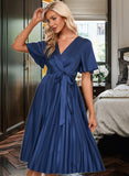 Kayley V-Neck Short Sleeves Elegant A-line Satin Midi Dresses UKP0016746