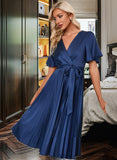 Kayley V-Neck Short Sleeves Elegant A-line Satin Midi Dresses UKP0016746