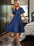 Kayley V-Neck Short Sleeves Elegant A-line Satin Midi Dresses UKP0016746