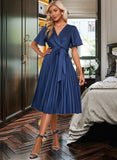 Kayley V-Neck Short Sleeves Elegant A-line Satin Midi Dresses UKP0016746