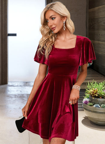 Izabelle Square Neck Short Sleeves Elegant A-line Velvet Mini Dresses UKP0016747