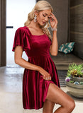 Izabelle Square Neck Short Sleeves Elegant A-line Velvet Mini Dresses UKP0016747