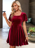 Izabelle Square Neck Short Sleeves Elegant A-line Velvet Mini Dresses UKP0016747