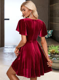 Izabelle Square Neck Short Sleeves Elegant A-line Velvet Mini Dresses UKP0016747