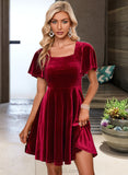 Izabelle Square Neck Short Sleeves Elegant A-line Velvet Mini Dresses UKP0016747