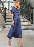 Madeline Round Neck Short Sleeves Elegant A-line Satin Midi Dresses UKP0016750