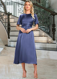 Madeline Round Neck Short Sleeves Elegant A-line Satin Midi Dresses UKP0016750