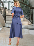 Madeline Round Neck Short Sleeves Elegant A-line Satin Midi Dresses UKP0016750