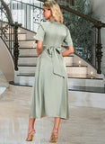 Madeline Round Neck Short Sleeves Elegant A-line Satin Midi Dresses UKP0016750