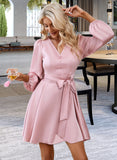 Deanna V-Neck Long Sleeves Elegant A-line Satin Mini Dresses UKP0016767