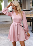 Deanna V-Neck Long Sleeves Elegant A-line Satin Mini Dresses UKP0016767