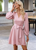 Deanna V-Neck Long Sleeves Elegant A-line Satin Mini Dresses UKP0016767