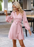 Deanna V-Neck Long Sleeves Elegant A-line Satin Mini Dresses UKP0016767