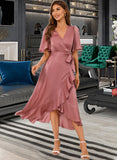 Gwendolyn V-Neck Short Sleeves Elegant A-line Satin Asymmetrical Dresses UKP0016773