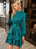 Jordan Sash Round Neck Long Sleeves Elegant A-line Satin Mini Dresses UKP0016788