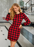 Ansley Plaid Round Neck Long Sleeves Elegant Bodycon Cotton Blends Mini Dresses UKP0016790