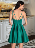 Natalia Ruffle Pockets V-Neck Sleeveless A-line Satin Satin Mini Dresses UKP0016805