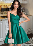 Natalia Ruffle Pockets V-Neck Sleeveless A-line Satin Satin Mini Dresses UKP0016805