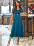 Shannon V-Neck Short Sleeves Elegant A-line Satin Midi Dresses UKP0016817