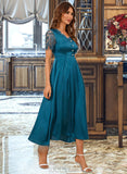 Shannon V-Neck Short Sleeves Elegant A-line Satin Midi Dresses UKP0016817