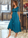 Shannon V-Neck Short Sleeves Elegant A-line Satin Midi Dresses UKP0016817