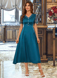 Shannon V-Neck Short Sleeves Elegant A-line Satin Midi Dresses UKP0016817